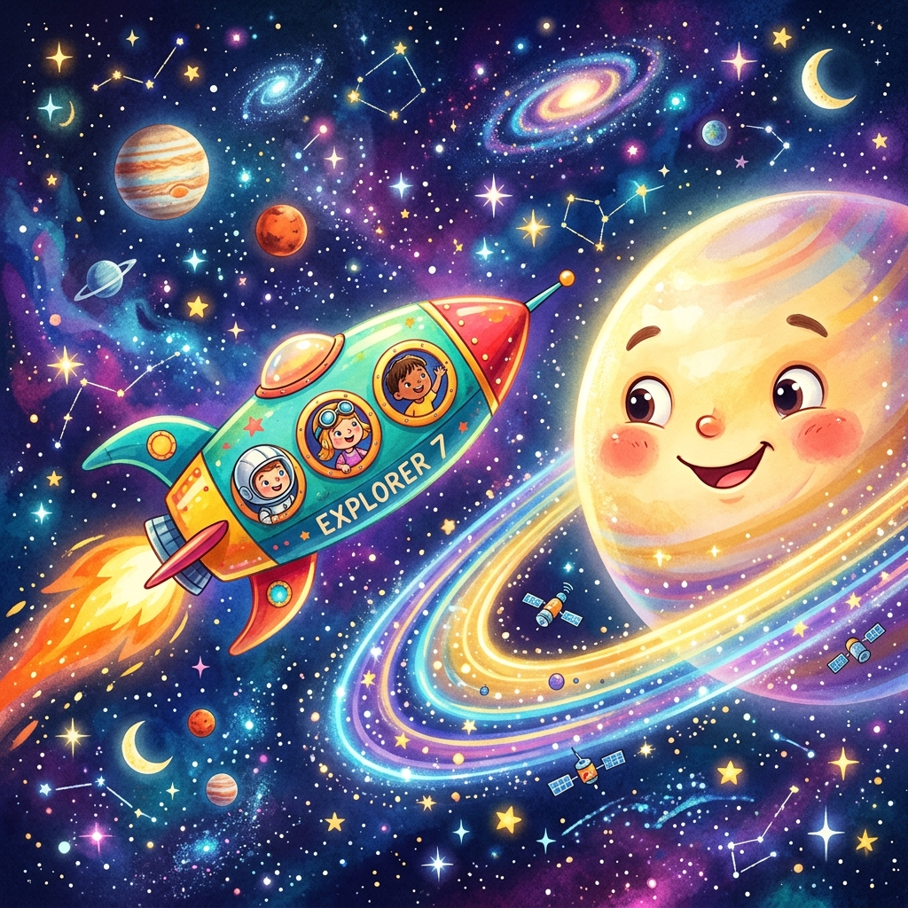 educational space story for preschoolers flying past Saturn